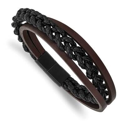 Black Ip Multi Strand Black Brown Leather Bracelet Stainless Steel Brushed SRB2976-8.25, MPN: SRB29…