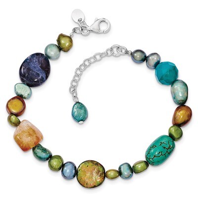 7.5 Inch Citrine Lapis Dyed Howlite Blue Jade Cultured Pearl Necklace Sterling Silver QH4580-7.5, M…