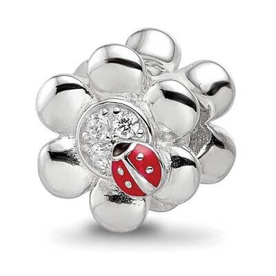 Enameled CZ Ladybug Flower Bead Sterling Silver Rhodium-plated QRS4185, MPN: QRS4185,