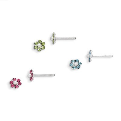 Stellux Crystal Cultured Pearl Post Flower 3pc Set Earrings Sterling Silver QE9578SET, MPN: QE9578S…