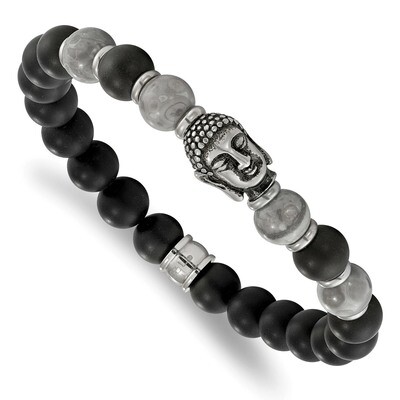 Buddha Black Agate/Grey Jasper Beaded Stretch Bracelet Stainless Steel SRB2237 by Chisel, MPN: SRB2…
