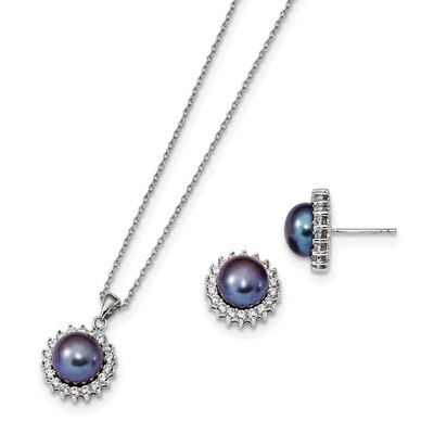8-9mm Black Cultured Freshwater Pearl Earring/ Necklace Set Sterling Silver Rhodium-plated QH5376SE…