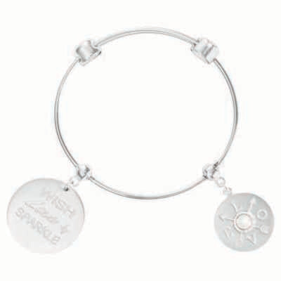 Nikki Lissoni Charm Bangle with Two Fixed Charms Wish. Love. Sparkle. L.O.V.E. Silver-Plated 17cm 6…