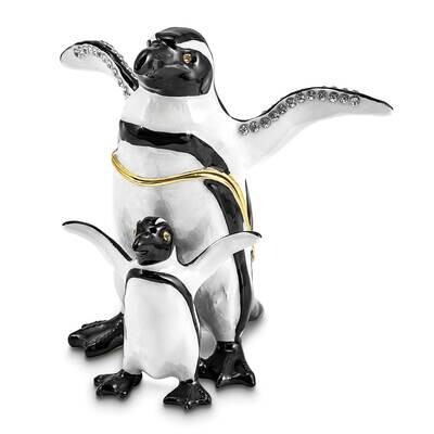 By Jere PATTY and POM Penguin and Baby Trinket Box with Matching 18 Inch Necklace Pewter Bejeweled …