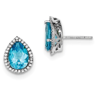 Blue Topaz &amp; CZ Diamond Post Earrings Sterling Silver Rhodium Polished QE12637DEC, MPN: QE12637DEC,