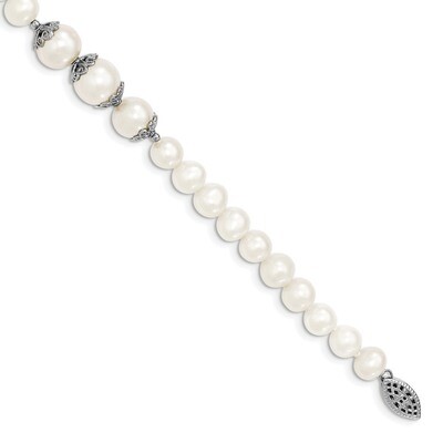 7-10mm White Cultured Freshwater Pearl Fancy Bracelet 7 Inch Sterling Silver Rhodium-plated QH5219-…
