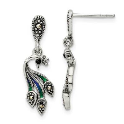 Marcasite Enameled Peacock Post Dangle Earrings Sterling Silver Antiqued QE16553, MPN: QE16553, 196…