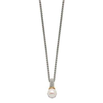 Accent 8-9mm Cultured Freshwater Pearl Chain Slide Necklace 18 Inch Sterling Silver with 14k Gold Q…
