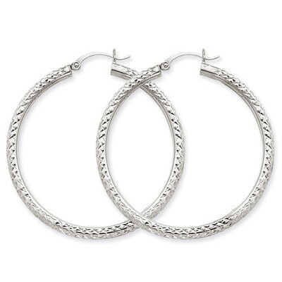 Diamond-cut 3mm Round Hoop Earrings 10k White Gold 10TC258, MPN: 10TC258, 883957896564