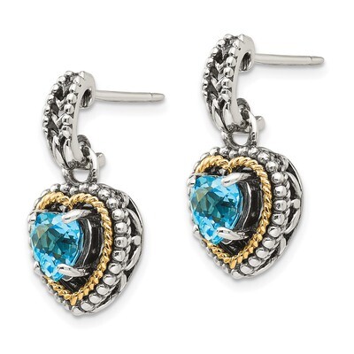 Blue Topaz Heart Post Dangle Earrings Sterling Silver &amp; 14k Gold Antiqued QTC952, MPN: QTC952, 1911…