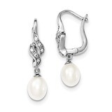 7-8mm White Cultured Freshwater Pearl CZ Diamond Leverback Earrings Sterling Silver Rhodium-plated …