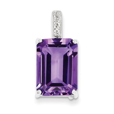 Emerald-cut Amethyst &amp; Diamond Pendant Sterling Silver Rhodium QDX384, MPN: QDX384, 883957355283