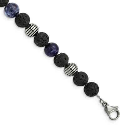 Polished Lava Stone Sodalite with 1 Inch Extension Bracelet Stainless Steel Antiqued SRB2974-7.5, M…