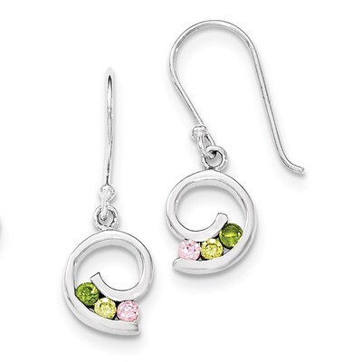 Polished Green,Yellow,Pink CZ Shepherd Hook Earrings Sterling Silver QE12405