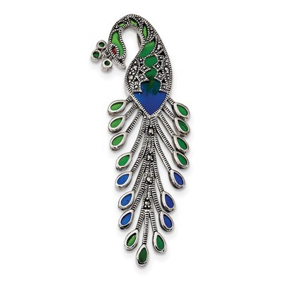 Green Red Blue Epoxy Marcasite Peacock Slide Sterling Silver Antiqued QP5022, MPN: QP5022,