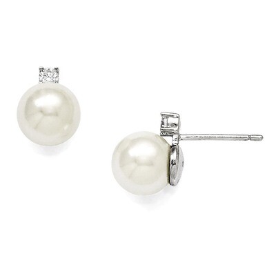 8-9Mm White Shell Bead &amp; CZ Post Earrings Sterling Silver QMJE800W, MPN: QMJE800W, 886774293851