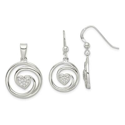 Heart In Circle Pendant and Earrings Set Sterling Silver Cz Diamond QST267, MPN: QST267,