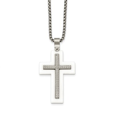 White Ceramic Cross CZ 23.75 Inch Necklace Stainless Steel Polished SRN2088-24 by Chisel, MPN: SRN2…