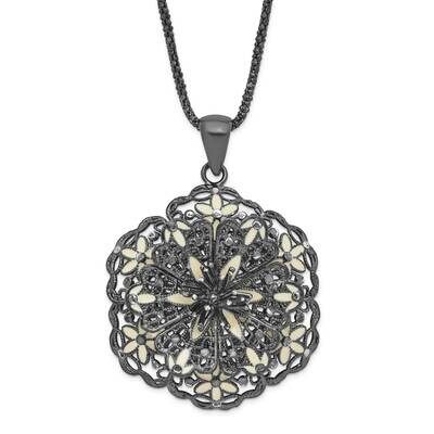 Sterling Silver Black-plated Polished Enameled Vintage Lace Flower Necklace SSCAU18318-18