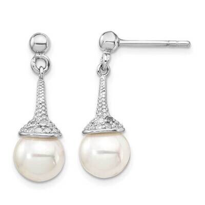 Plated with CZ Diamond &amp; Imitation Shell Pearl Dangle Earrings Sterling Silver Rhodium-plated QE152…