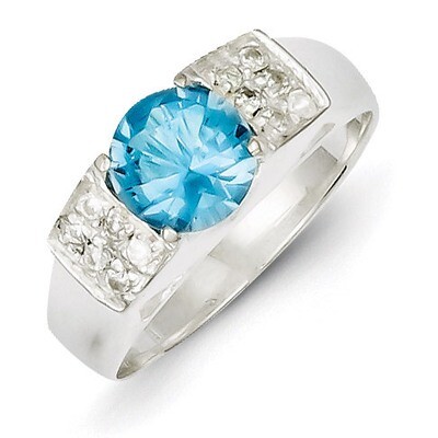 Sterling Silver Light Blue Round with Pave Sides Diamond Ring QR4409-7