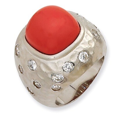 Satin Simulated Red Coral &amp; Cz Ring Sterling Silver QCM557-6