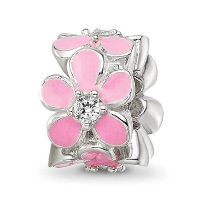 Pink Enamel CZ Floral Bead Sterling Silver QRS4247, MPN: QRS4247,