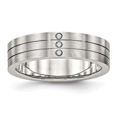 Grooved Three CZ Diamond Ring Stainless Steel Brushed SR514, MPN: SR514, 191101559617
