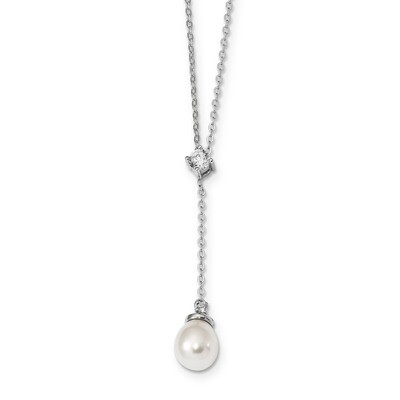 8-9mm White Rice Cultured Freshwater Pearl CZ Diamond Necklace 18 Inch Sterling Silver Rhodium-plat…