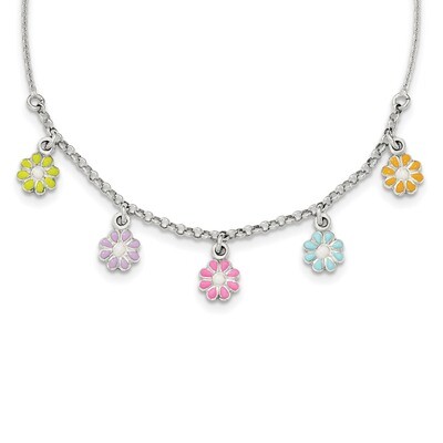 Enamel Flower Childs Necklace 14 Inch Sterling Silver Polished QG4091-14, MPN: QG4091-14, 191101343…