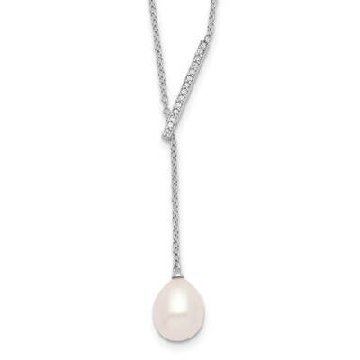 CZ Diamond Bar/Cultured Freshwater Pearl with 2 Inch Extender Necklace Sterling Silver Rhodium-plat…