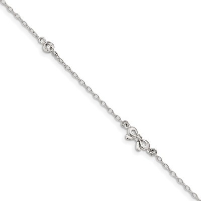 CZ Diamond Bow with 1 inch Extender Anklet Sterling Silver Polished QG4218-9, MPN: QG4218-9, 883957…