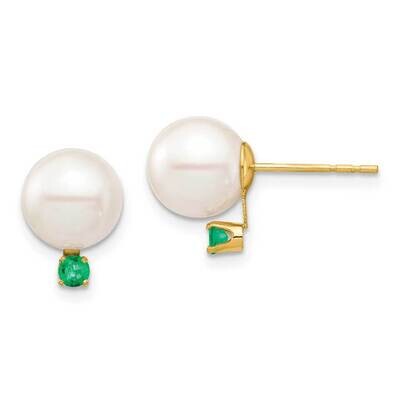 8-8.5mm White Round Freshwater Cultured Pearl Emerald Post Earrings 14k Gold XF754E_E, MPN: XF754E_…