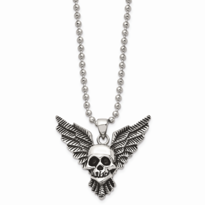Skull with Wings Polished Necklace Stainless Steel Antiqued SRN1364-22 by Chisel, MPN: SRN1364-22, …