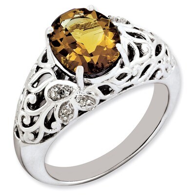 Oval Whiskey Quartz &amp; Diamond Ring Sterling Silver QR3282WQ, MPN: QR3282WQ, 883957156309