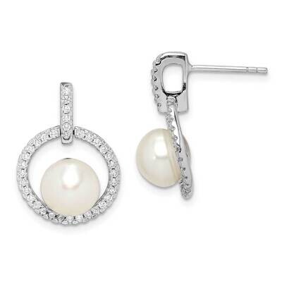 8-9mm White Button Freshwater Cultured Pearl CZ Diamond Earrings Sterling Silver Rhodium Plated QE1…