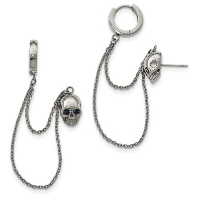 Double Earrings with Hoop Chain Dangle &amp; Blue CZ Post Stainless Steel Polished SRE935 by Chisel, MP…