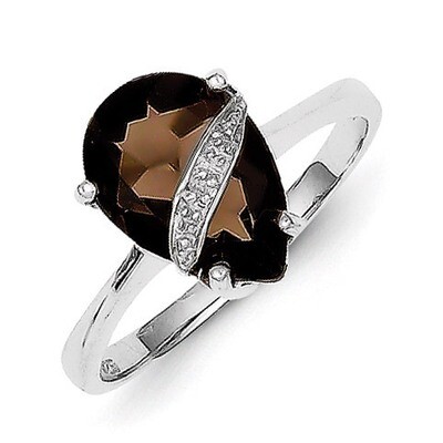 Pear Smokey Quartz &amp; Diamond Ring Sterling Silver Rhodium QR2788, MPN: QR2788, 883957402666