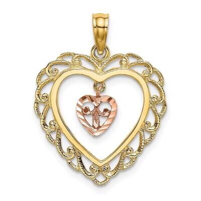 with Dangling Mini Heart In Center Heart Charm 14k Two-tone Gold Diamond-cut K9192, MPN: K9192, 637…