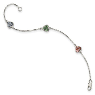 Hearts with Red Green Blue Glass Stone Bracelet 6 Inch Sterling Silver Polished QG4080-6, MPN: QG40…