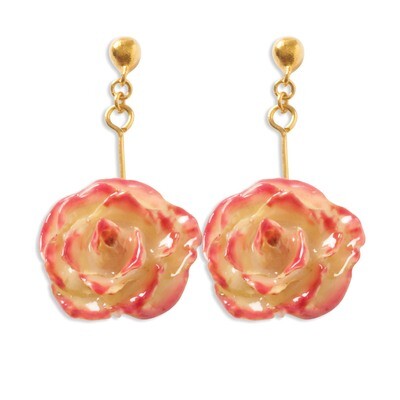 Cream &amp; Fuchsia Rose Dangle Earrings Lacquer Dipped BF1365, MPN: BF1365, 810391015138