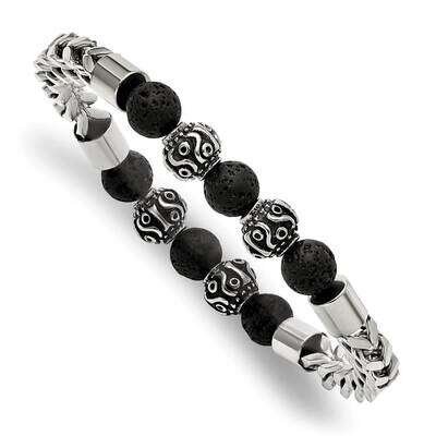 Polished with Lava Stone Beads Stretch Bracelet Stainless Steel Antiqued SRB2755, MPN: SRB2755, 191…