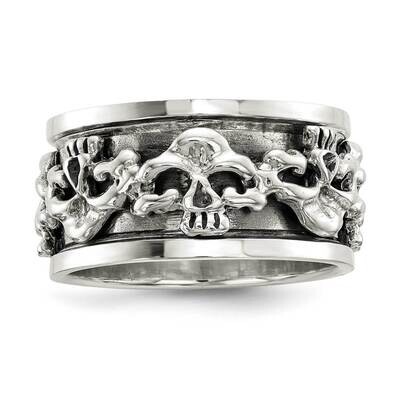 Spinning Center Antiqued Skull Ring Sterling Silver Polished QR6776, MPN: QR6776, 883957754772