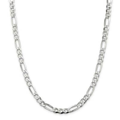 7mm Pave Flat Figaro Chain 28 Inch Sterling Silver QFF180-28, MPN: QFF180-28,
