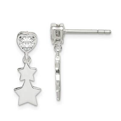 Heart &amp; Stars Dangle Post Earrings Sterling Silver CZ Diamond QE14895, MPN: QE14895, 886774005959