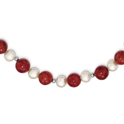 18 Inch Pearl &amp; Stabilized Red Coral Necklace Sterling Silver Cultured QH4561-18, MPN: QH4561-18, 8…