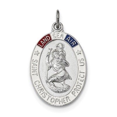 Sterling Silver Satin Polished Diamond-cut Enamel St Christopher Medal Sterling Silver Satin QC9122…