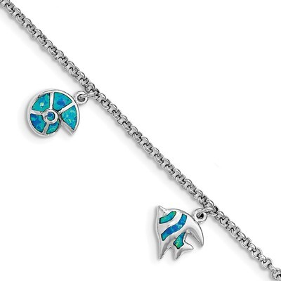 Created Blue Opal Fish &amp; Shells Charm Bracelet 7.25 Inch Sterling Silver Rhodium QG3989-7.25, MPN: …