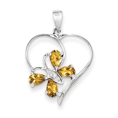 Citrine &amp; Diamond Butterfly Heart Pendant Sterling Silver Rhodium QDX752, MPN: QDX752, 883957536781