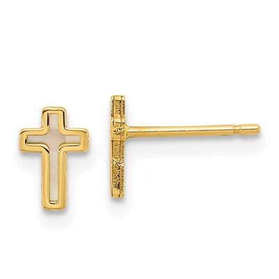 Cross Mother Of Pearl Post Earrings 14k Gold Polished GK1114 by Madi K, MPN: GK1114, 883957973586